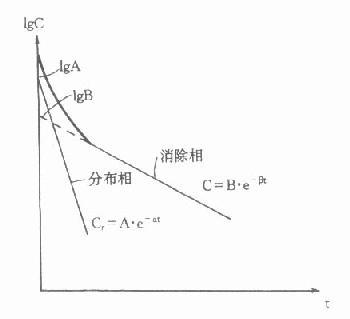 二室模型静脉注射血药浓度-时间关系示意图